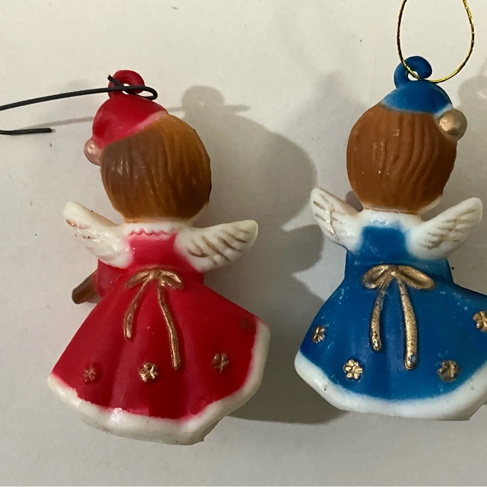 Vintage Lot of 2 MCM Plastic Christmas Angels Red and Blue